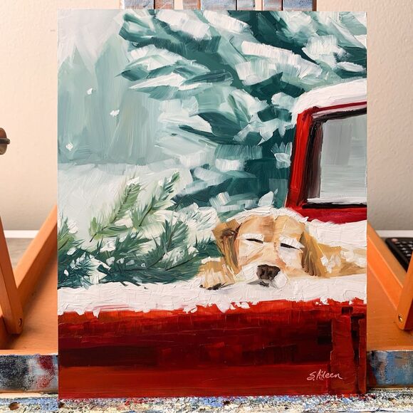 Original Oil Painting Landscape Christmas Golden Retriever Red Truck 8x10 Signed - Picture 2 of 6